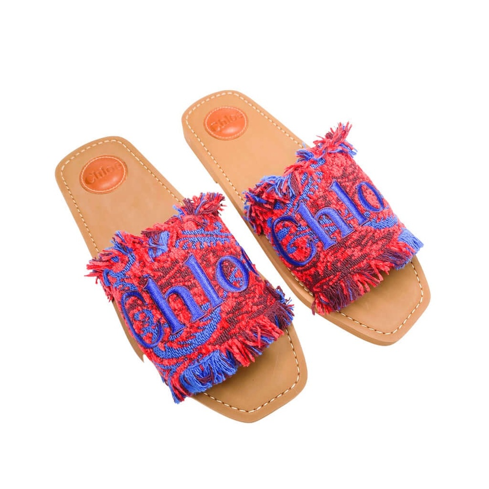 Chloé | Red and Blue Fringe Woody Tapestry Slides Size 36